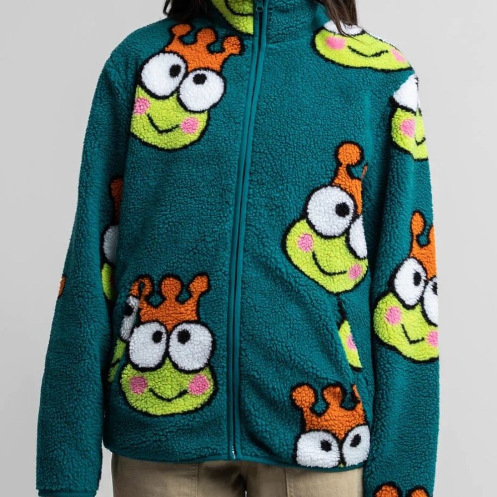 DumbGood x Sanrio Keroppi Sherpa Jacket Teal XS Kawaii Streetwear